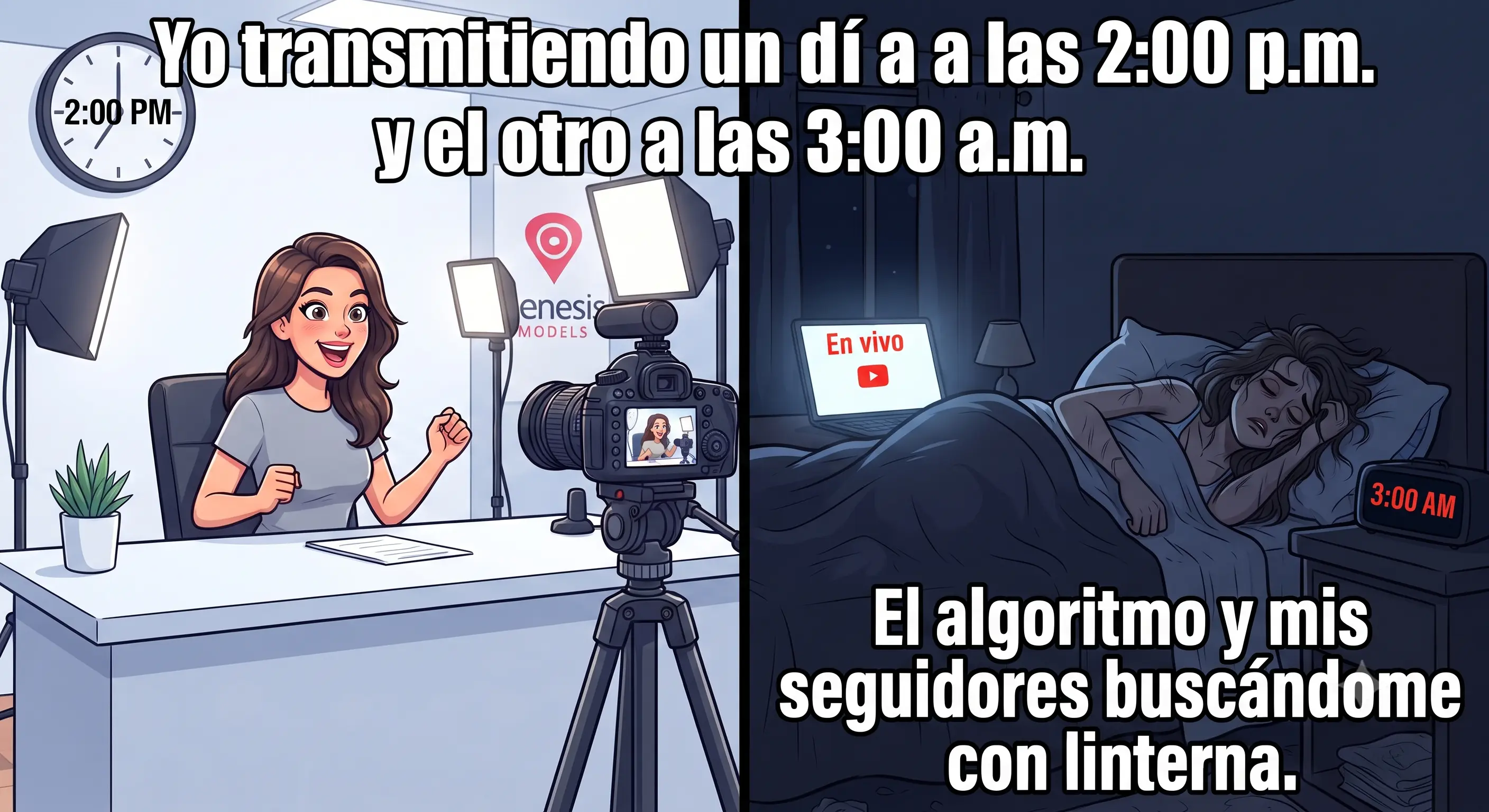 Meme sobre horarios erráticos en el modelaje webcam
